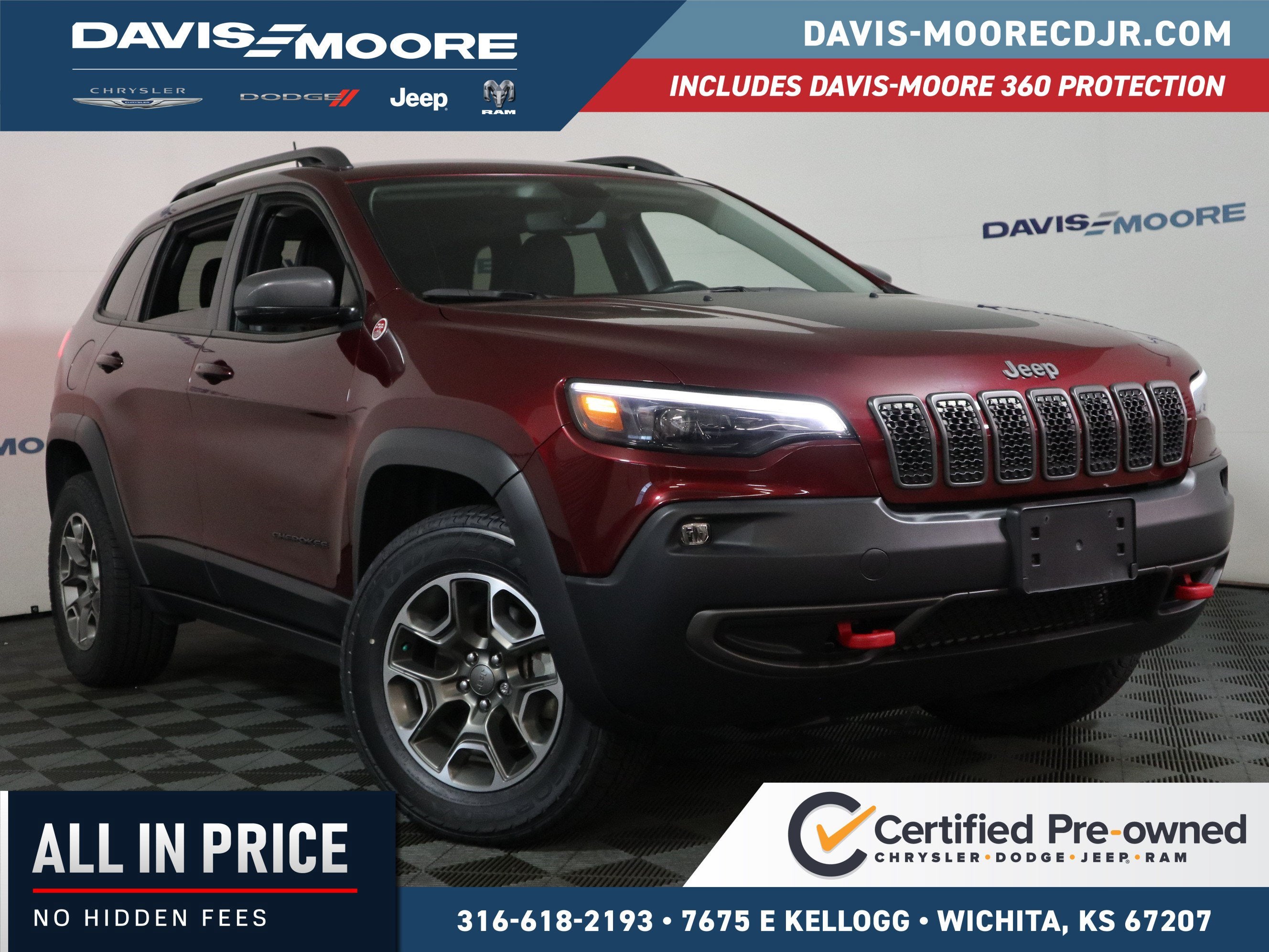 2020 Jeep Cherokee Trailhawk 4x4 in Red — front three-quarter view