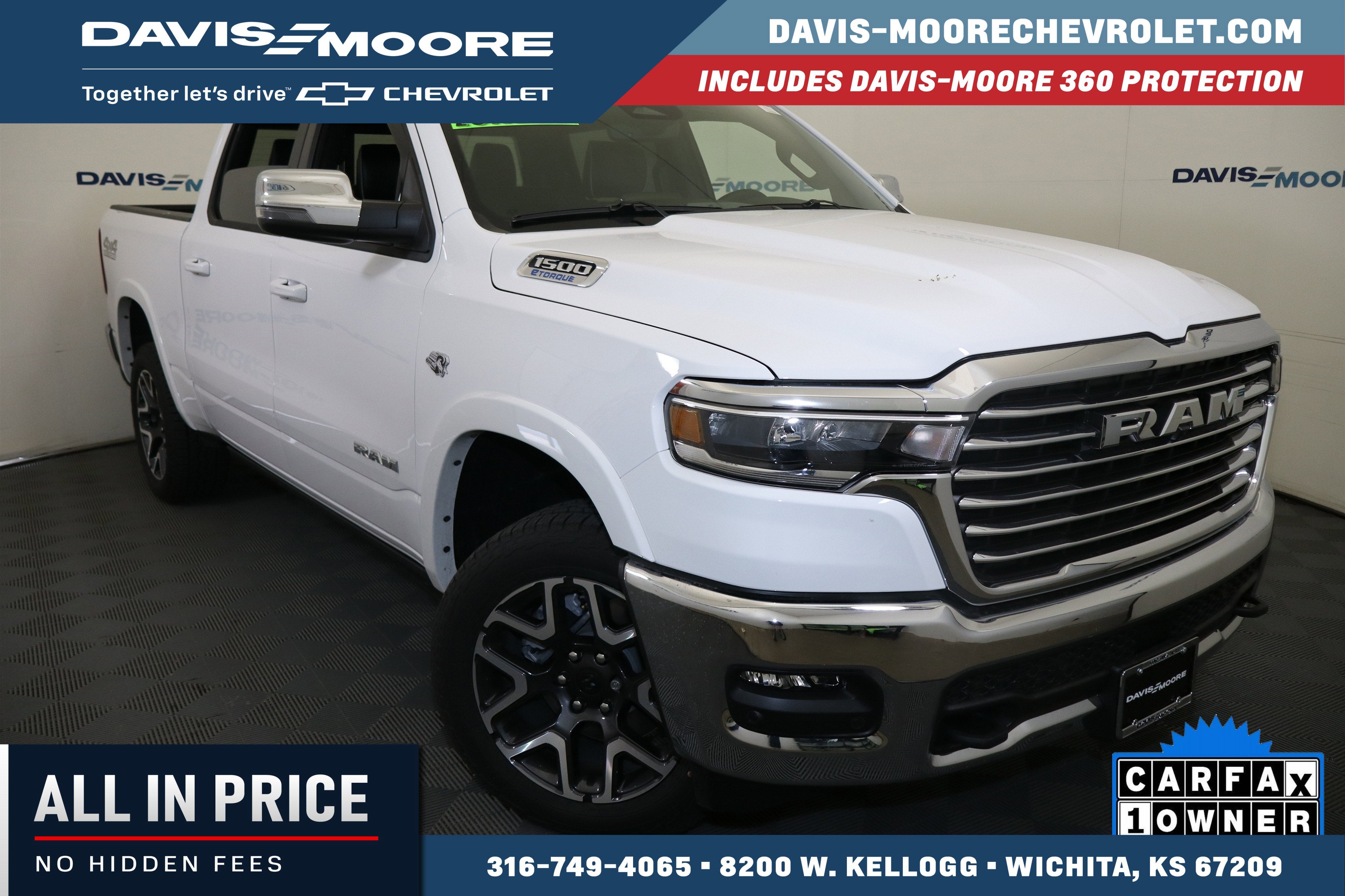 2026 RAM 1500 Laramie Crew Cab 4x4 5'7" Box in White — front three-quarter view
