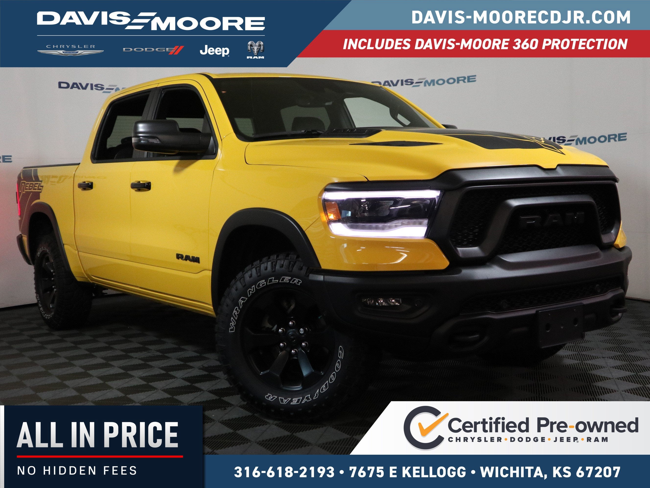 2023 RAM 1500 Rebel Crew Cab 4x4 5'7" Box in Yellow — front three-quarter view