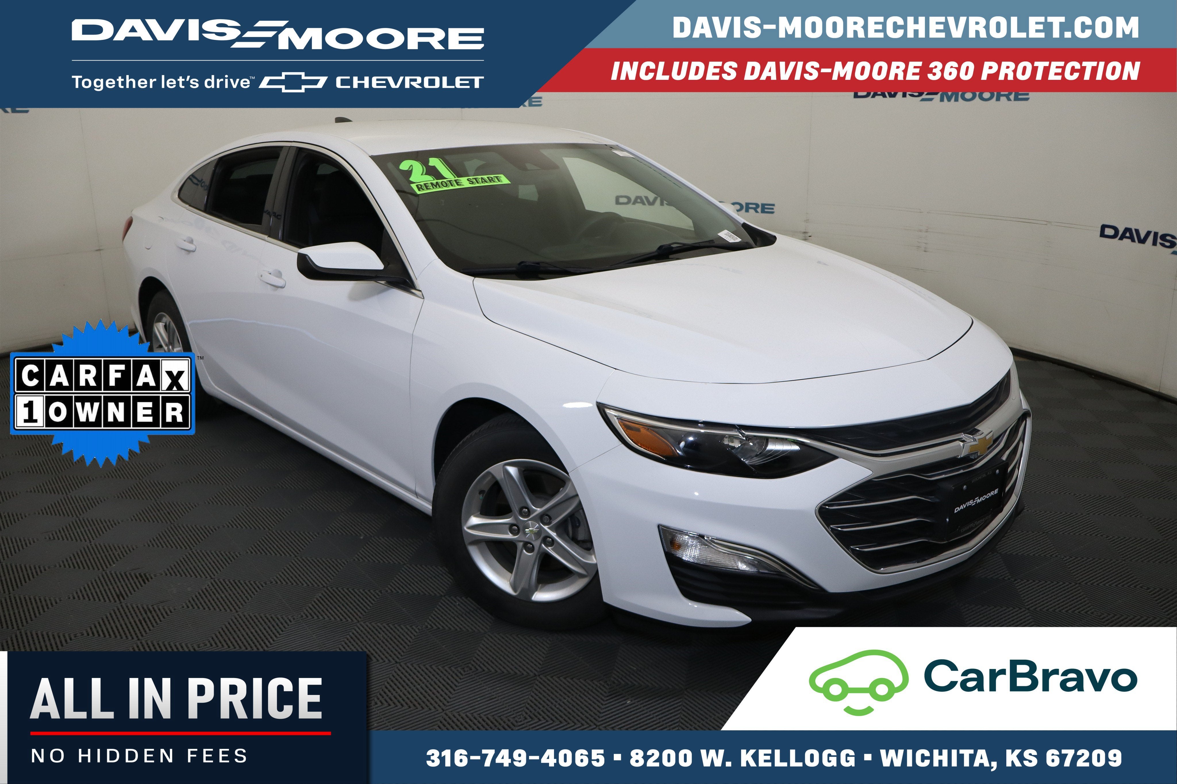 2021 Chevrolet Malibu LS in Summit White — front three-quarter view